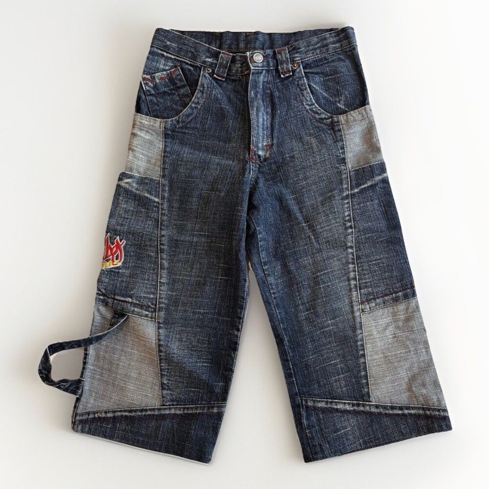 Y2K Vintage Denim Shorts 26 Carpenter Embroidered Skater Patchwork BMX Italy